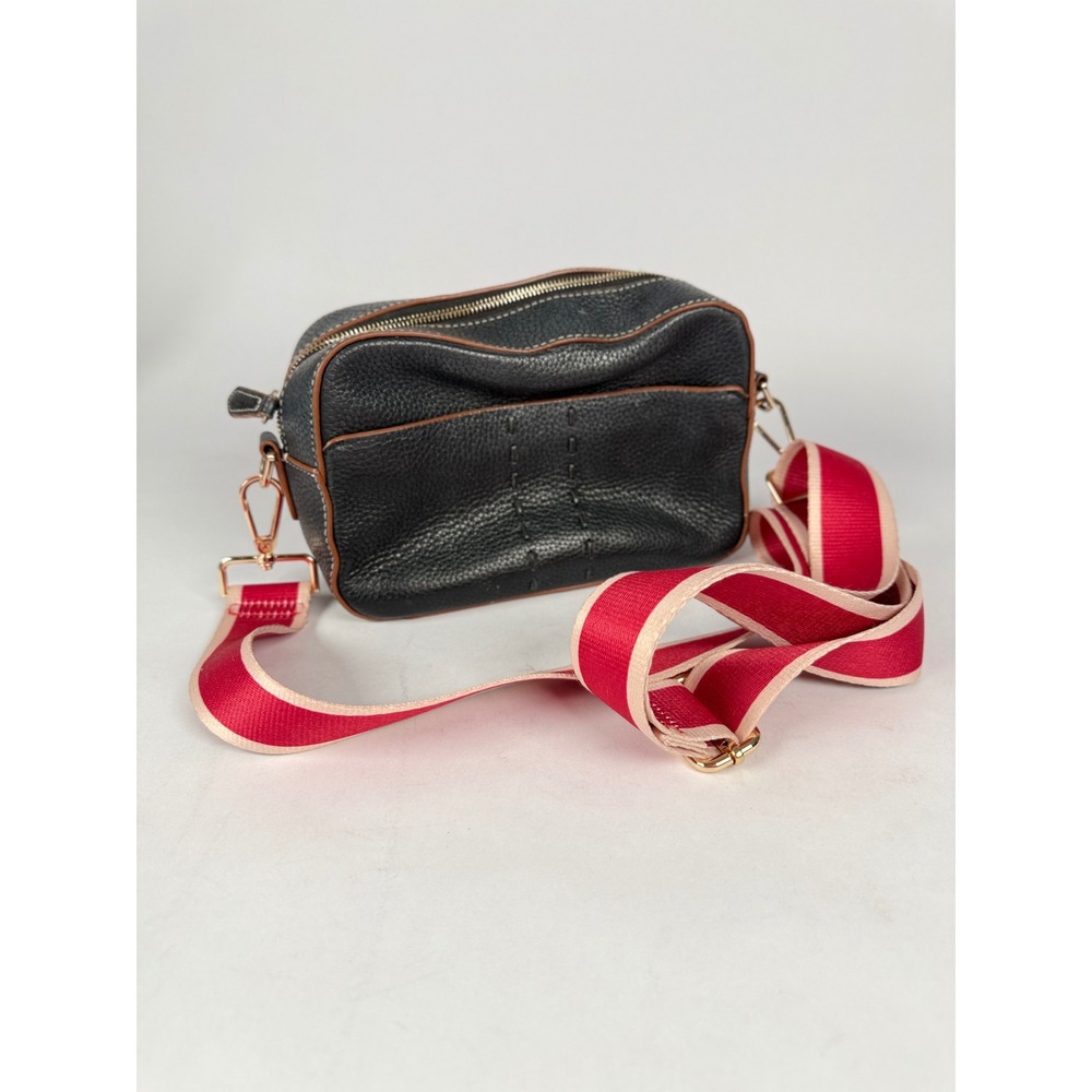 Draper James Black Pebbled Leather Camera‎ Bag Crossbody Red Striped Strap